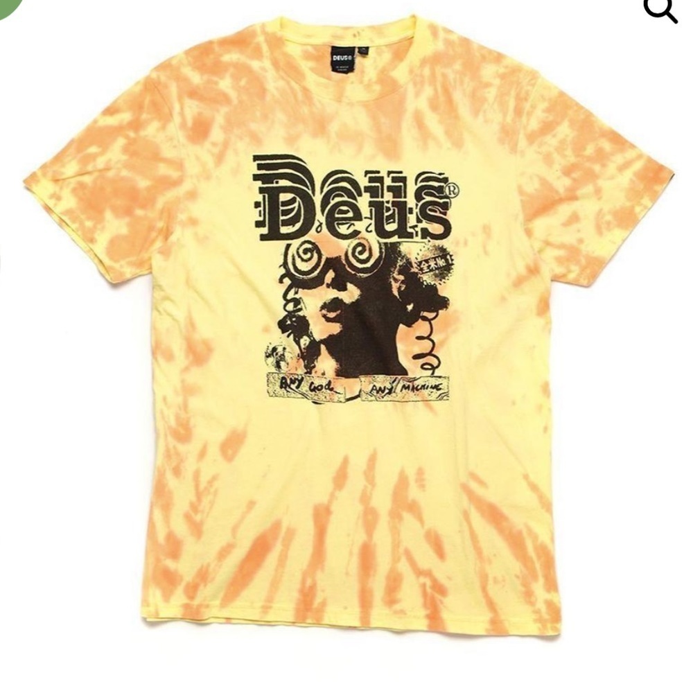Men’s Deus yellow Juice box recycled tie dye tee size M